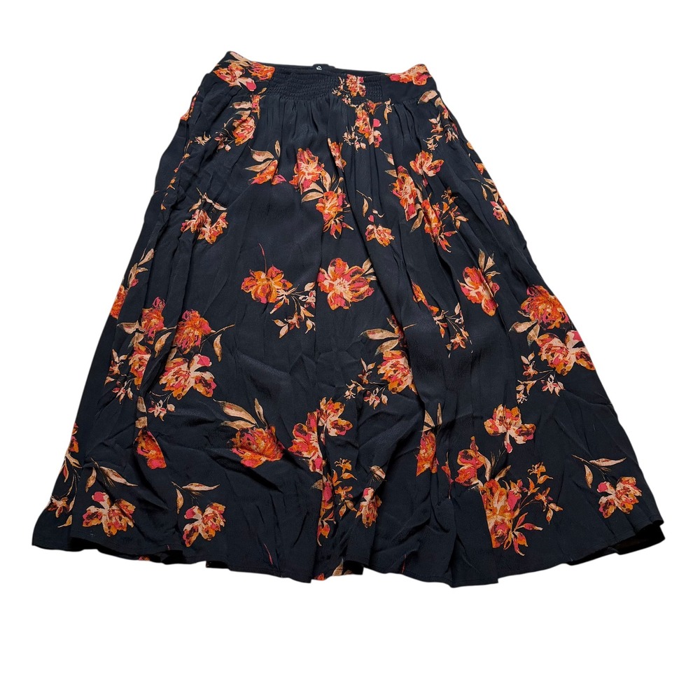 GARNET HILL Midi Skirt Black Floral Button Front Smocked Back Women's Size Small - Picture 7 of 7